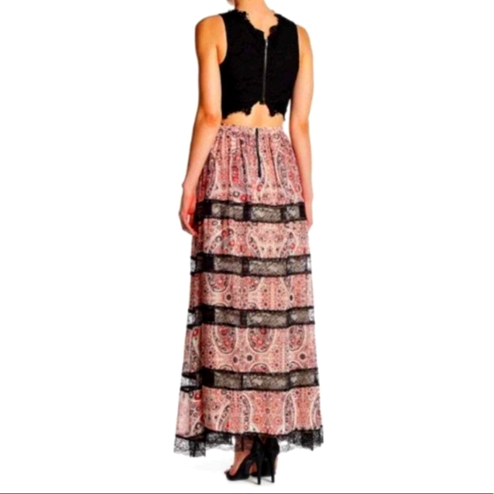 ALICE + OLIVIA HETTY PAISLEY PRINT AND LACE MAXI LONG SKIRT